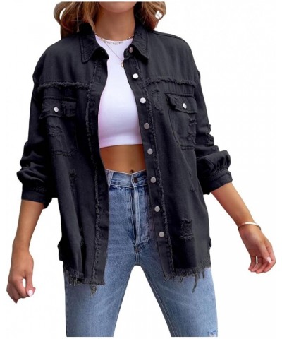 Women Fashion Long Sleeve Jean Jacket Distressed Ripped Denim Jacket Casual Button Down Boyfriend Denim Coat Black $15.29 Jac...