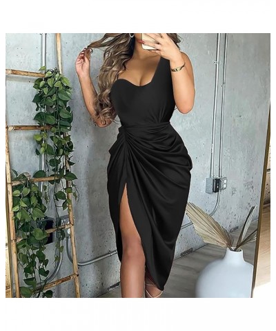 Women's Casual Cocktail Dresses Summer Sequin Slit Maxi Smocked One Shoulder Evening Dress Casual Dresses Black $7.68 Dresses