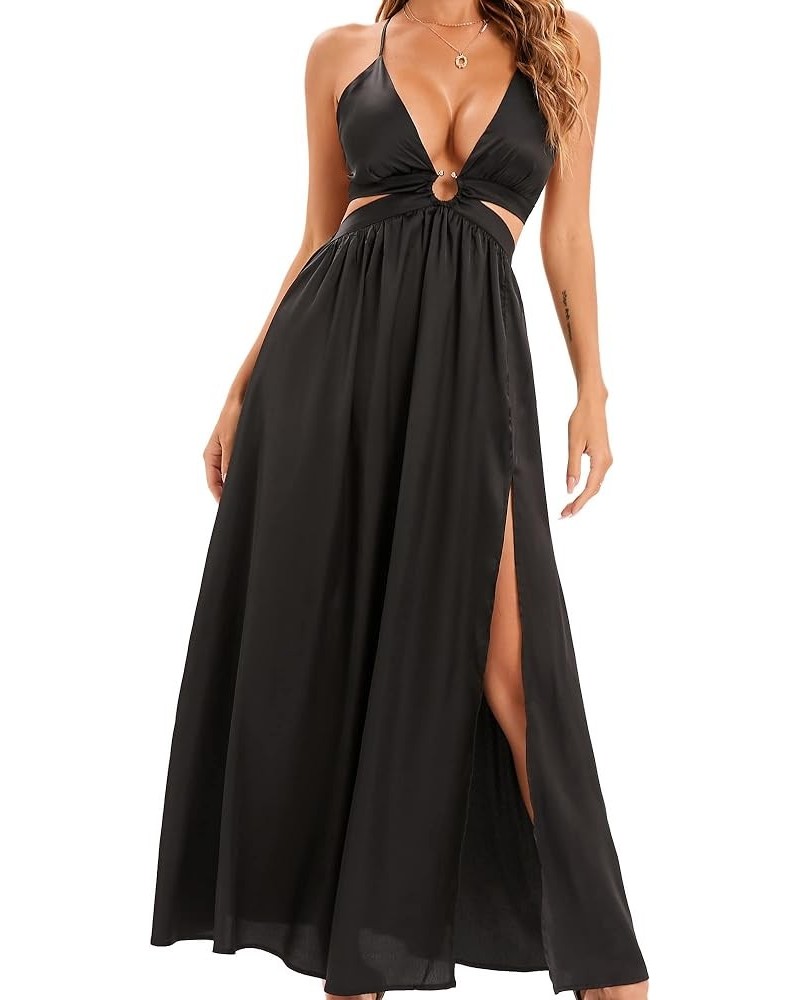 Women's Formal Evening Sexy Dresses Wedding Satin Maxi Dress Black With Ring $23.06 Dresses