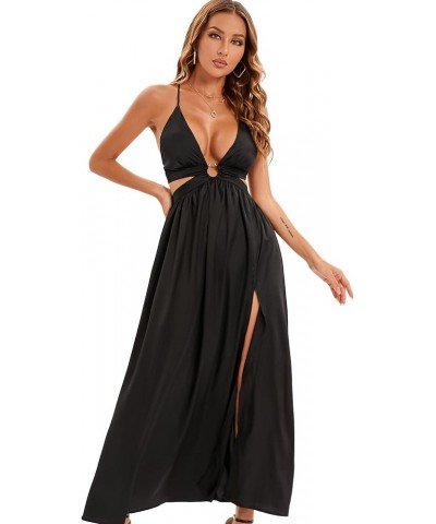 Women's Formal Evening Sexy Dresses Wedding Satin Maxi Dress Black With Ring $23.06 Dresses