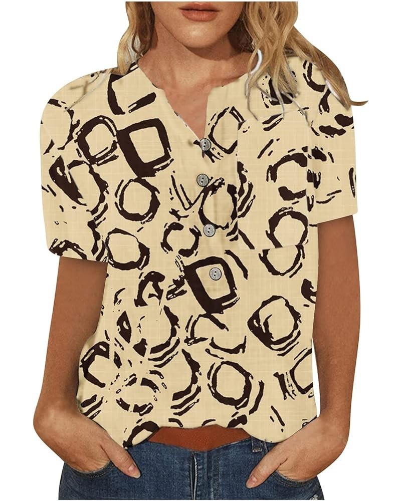 Womens Floral Print Button Neckline Tee Shirt Casual Short Sleeve V Neck Holiday Tunic Blouse Top 11khaki $8.74 Blouses