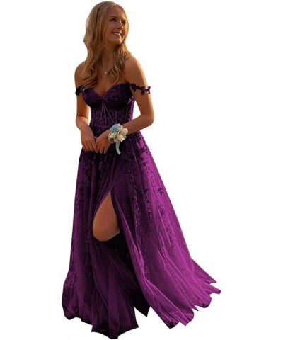 Lace Applique Prom Dresses Long Tulle Ball Gown Off The Shoulder Split Formal Evening Dress Plum $45.04 Dresses