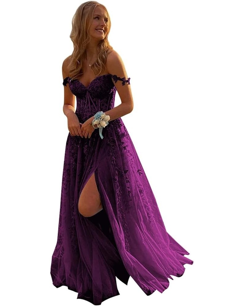 Lace Applique Prom Dresses Long Tulle Ball Gown Off The Shoulder Split Formal Evening Dress Plum $45.04 Dresses