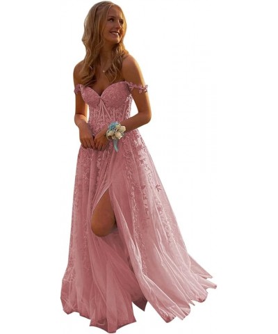 Lace Applique Prom Dresses Long Tulle Ball Gown Off The Shoulder Split Formal Evening Dress Plum $45.04 Dresses