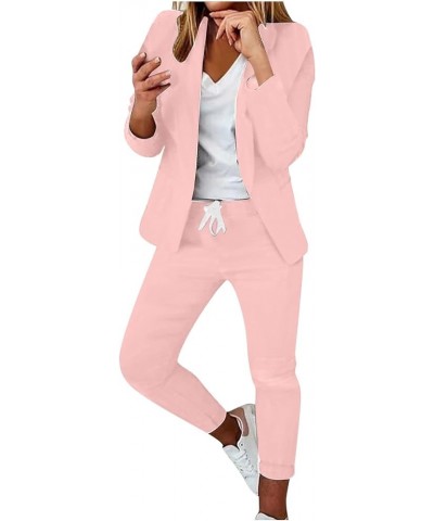 Business Suit for Women Casual Solid Long Sleeve Blazers Open Front Drawstring Pant Suits Set Elegant 2 Piece Outfit A03-pink...