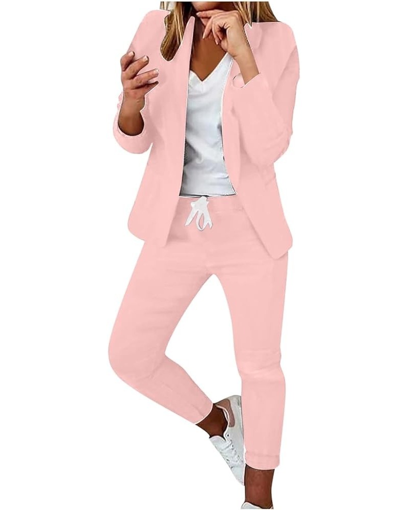 Business Suit for Women Casual Solid Long Sleeve Blazers Open Front Drawstring Pant Suits Set Elegant 2 Piece Outfit A03-pink...