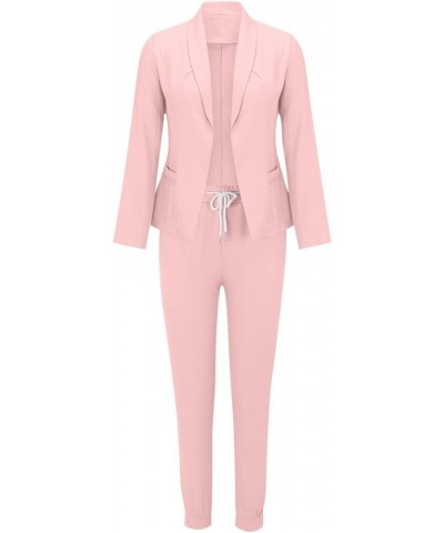 Business Suit for Women Casual Solid Long Sleeve Blazers Open Front Drawstring Pant Suits Set Elegant 2 Piece Outfit A03-pink...