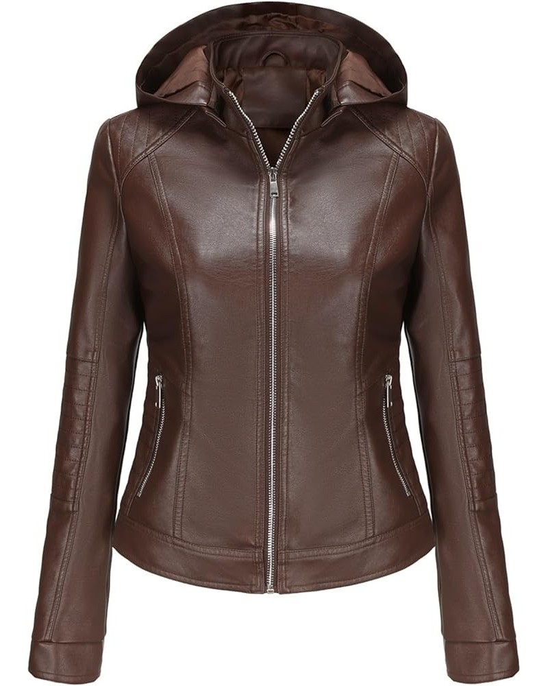 Women's Removable Hooded Faux Leather Jacket Zip Up Motorcycle Short Jacket Fall Outfits Cropped Lapel Slim Coats A01-coffee ...