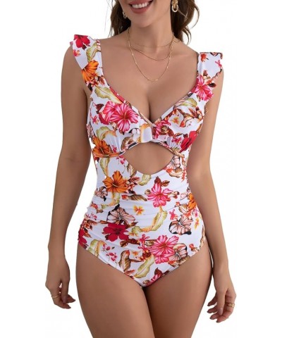 Women's Ruffled One Piece Swimsuit Cutout Tummy Control Bathing Suit Slimming Swimwear Floral Pattern 07 $16.65 Swimsuits