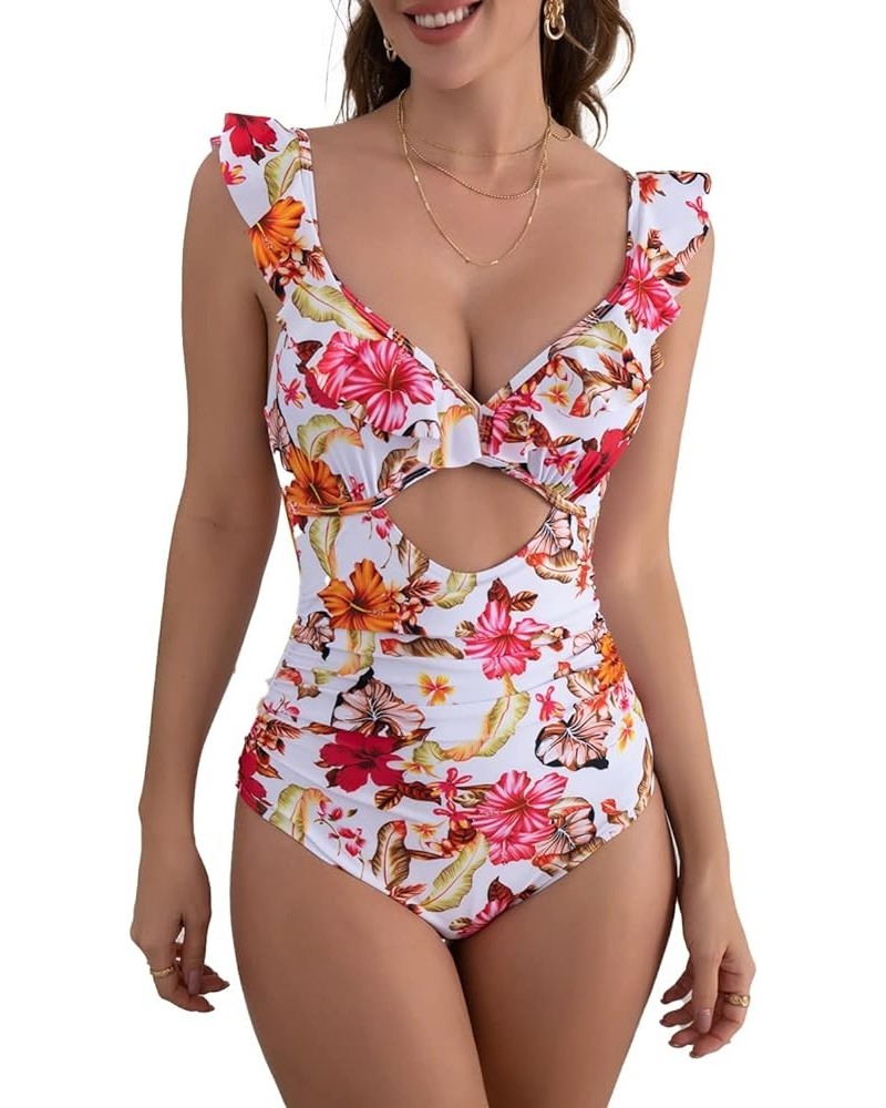 Women's Ruffled One Piece Swimsuit Cutout Tummy Control Bathing Suit Slimming Swimwear Floral Pattern 07 $16.65 Swimsuits