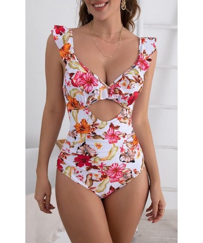 Women's Ruffled One Piece Swimsuit Cutout Tummy Control Bathing Suit Slimming Swimwear Floral Pattern 07 $16.65 Swimsuits