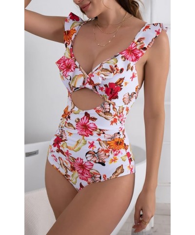 Women's Ruffled One Piece Swimsuit Cutout Tummy Control Bathing Suit Slimming Swimwear Floral Pattern 07 $16.65 Swimsuits