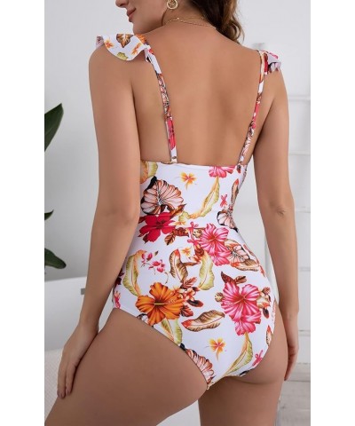 Women's Ruffled One Piece Swimsuit Cutout Tummy Control Bathing Suit Slimming Swimwear Floral Pattern 07 $16.65 Swimsuits