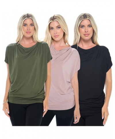 Women's Blouse Top – 3 Pack Cowl Neck Short Sleeve Flounce Basic Solid Casual Soft Dolman Shirts Black, Olive & Mocha $26.09 ...