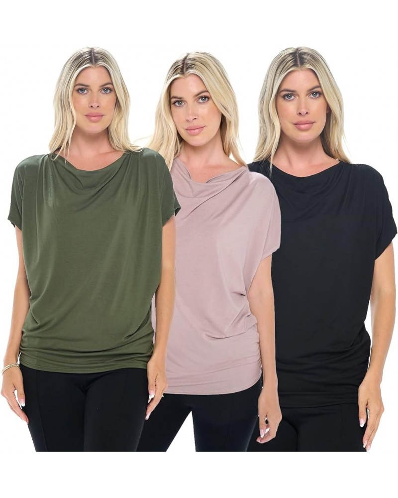 Women's Blouse Top – 3 Pack Cowl Neck Short Sleeve Flounce Basic Solid Casual Soft Dolman Shirts Black, Olive & Mocha $26.09 ...