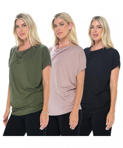 Women's Blouse Top – 3 Pack Cowl Neck Short Sleeve Flounce Basic Solid Casual Soft Dolman Shirts Black, Olive & Mocha $26.09 ...