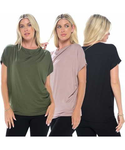 Women's Blouse Top – 3 Pack Cowl Neck Short Sleeve Flounce Basic Solid Casual Soft Dolman Shirts Black, Olive & Mocha $26.09 ...