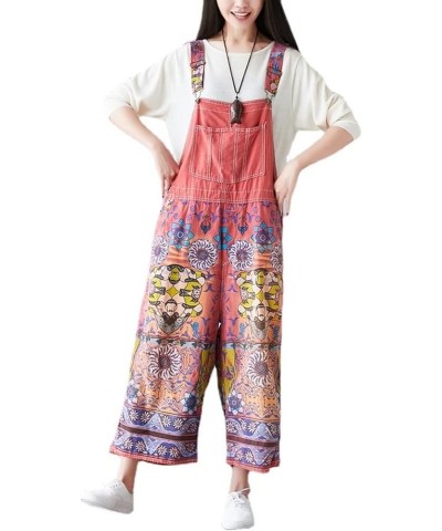 Women's Autumn Loose Baggy Denim Overall Floral Wide Leg Drop Crotch Jumpsuit Rompers Overalls Style 02 Red $32.48 Overalls