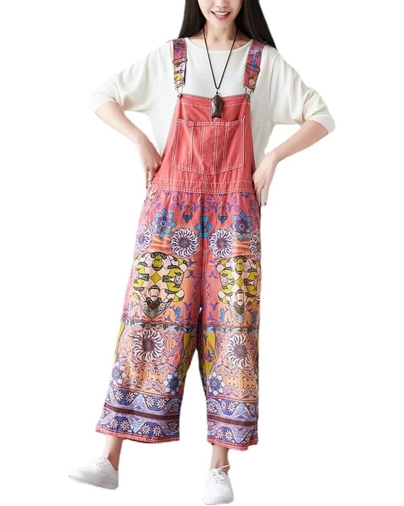 Women's Autumn Loose Baggy Denim Overall Floral Wide Leg Drop Crotch Jumpsuit Rompers Overalls Style 02 Red $32.48 Overalls