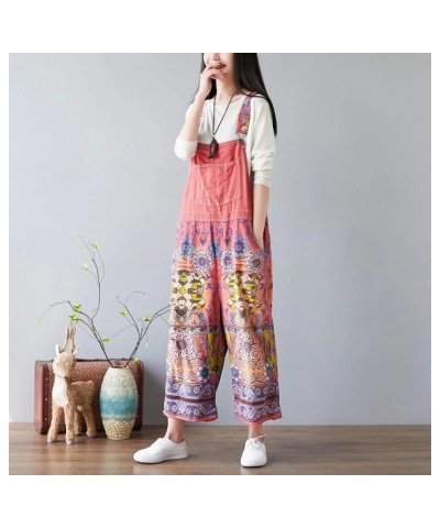 Women's Autumn Loose Baggy Denim Overall Floral Wide Leg Drop Crotch Jumpsuit Rompers Overalls Style 02 Red $32.48 Overalls