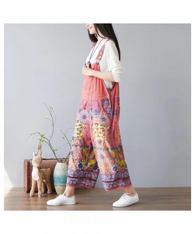 Women's Autumn Loose Baggy Denim Overall Floral Wide Leg Drop Crotch Jumpsuit Rompers Overalls Style 02 Red $32.48 Overalls