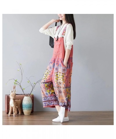 Women's Autumn Loose Baggy Denim Overall Floral Wide Leg Drop Crotch Jumpsuit Rompers Overalls Style 02 Red $32.48 Overalls