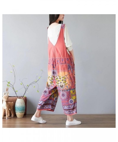 Women's Autumn Loose Baggy Denim Overall Floral Wide Leg Drop Crotch Jumpsuit Rompers Overalls Style 02 Red $32.48 Overalls