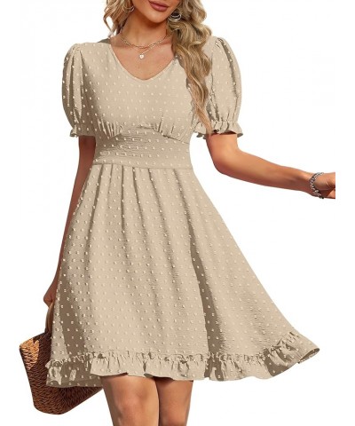 Women Summer Dresses V Neck Short Sleeve Swiss Dot Mini Dress with Pockets 13-khaki $20.25 Dresses