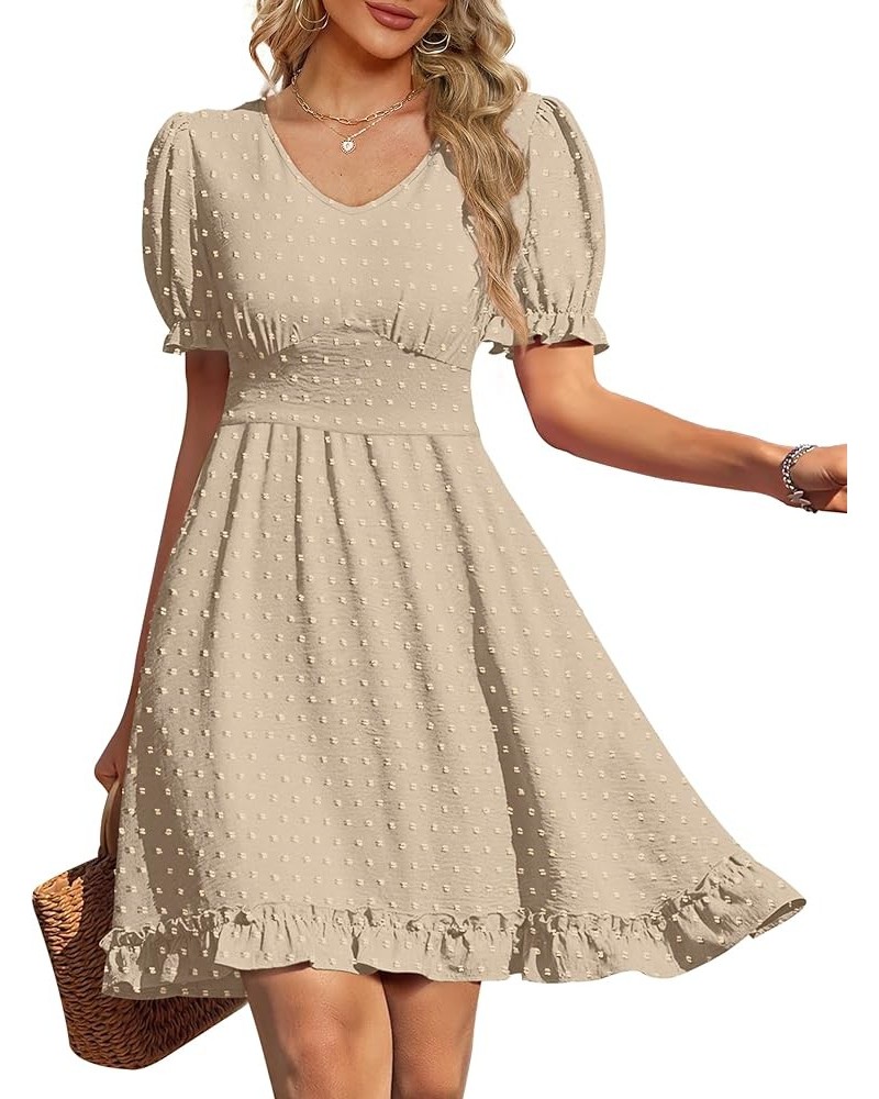 Women Summer Dresses V Neck Short Sleeve Swiss Dot Mini Dress with Pockets 13-khaki $20.25 Dresses