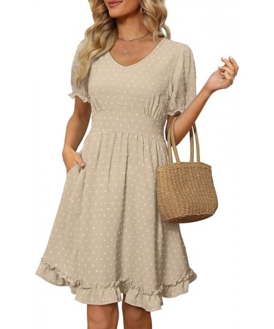 Women Summer Dresses V Neck Short Sleeve Swiss Dot Mini Dress with Pockets 13-khaki $20.25 Dresses