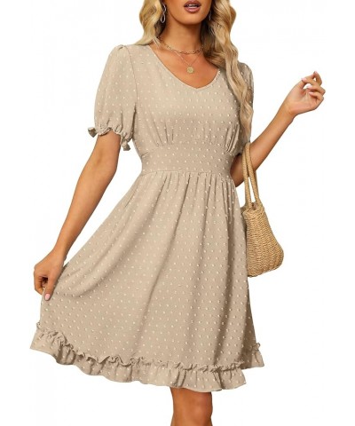 Women Summer Dresses V Neck Short Sleeve Swiss Dot Mini Dress with Pockets 13-khaki $20.25 Dresses