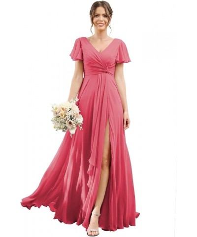 Bridesmaid Dresses for Women with Slit Long A Line Chiffon V Neck Sleeves Bridesmaid Dress for Wedding 2024 Derest Rose $31.8...