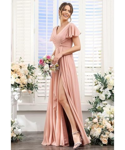 Bridesmaid Dresses for Women with Slit Long A Line Chiffon V Neck Sleeves Bridesmaid Dress for Wedding 2024 Derest Rose $31.8...