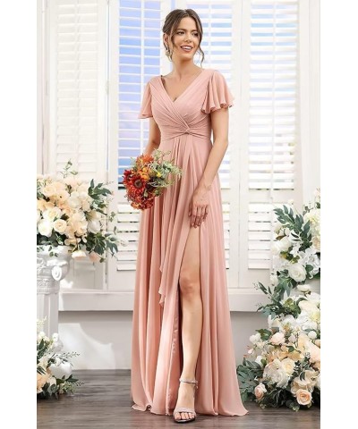 Bridesmaid Dresses for Women with Slit Long A Line Chiffon V Neck Sleeves Bridesmaid Dress for Wedding 2024 Derest Rose $31.8...