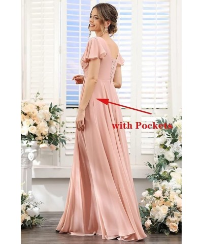 Bridesmaid Dresses for Women with Slit Long A Line Chiffon V Neck Sleeves Bridesmaid Dress for Wedding 2024 Derest Rose $31.8...