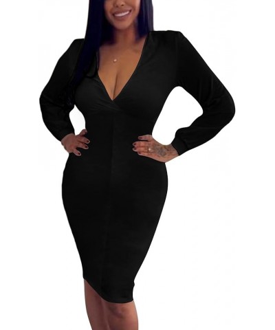 Women's Sexy Deep V Neck Long Sleeve Ruched Front Bodycon Midi Cocktail Party Dress Black $18.14 Dresses