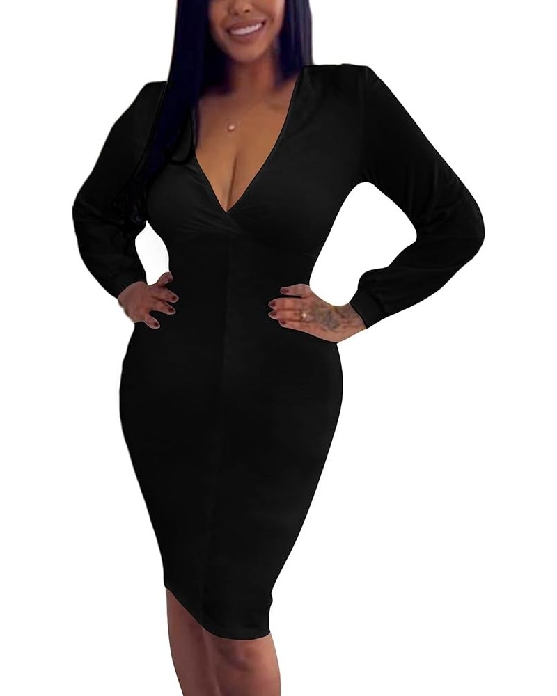 Women's Sexy Deep V Neck Long Sleeve Ruched Front Bodycon Midi Cocktail Party Dress Black $18.14 Dresses