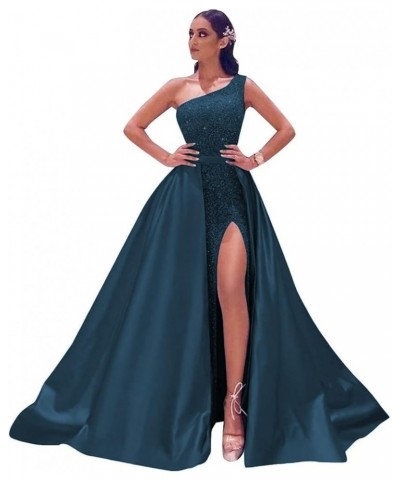 Women's One Shoulder Prom Dresses Long with Detachable Train Satin Sparkly Sequin Ball Gown Formal Dress Slit Teal $40.85 Dre...