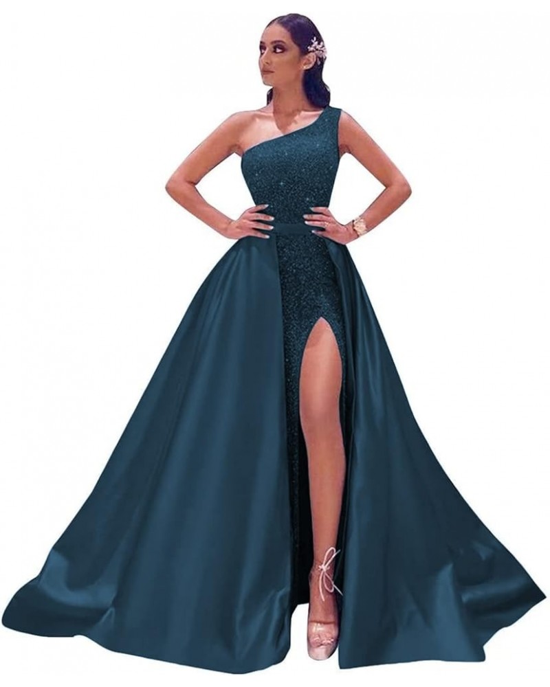 Women's One Shoulder Prom Dresses Long with Detachable Train Satin Sparkly Sequin Ball Gown Formal Dress Slit Teal $40.85 Dre...