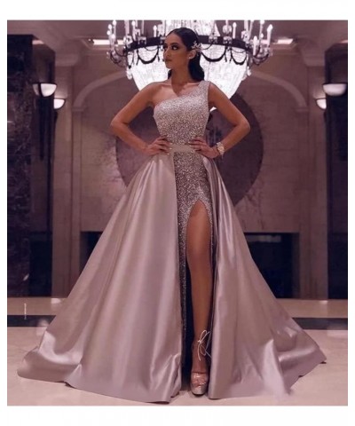 Women's One Shoulder Prom Dresses Long with Detachable Train Satin Sparkly Sequin Ball Gown Formal Dress Slit Teal $40.85 Dre...