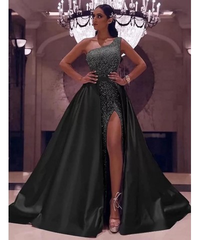 Women's One Shoulder Prom Dresses Long with Detachable Train Satin Sparkly Sequin Ball Gown Formal Dress Slit Teal $40.85 Dre...