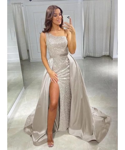 Women's One Shoulder Prom Dresses Long with Detachable Train Satin Sparkly Sequin Ball Gown Formal Dress Slit Teal $40.85 Dre...