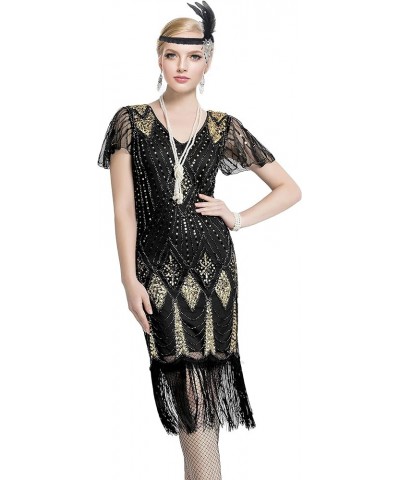 Women's 1920s Gatsby Inspired Sequin Beads Fringe Flapper Cocktail Roarings 20s Dress Style 2 Black Gold $16.19 Dresses