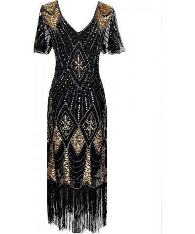 Women's 1920s Gatsby Inspired Sequin Beads Fringe Flapper Cocktail Roarings 20s Dress Style 2 Black Gold $16.19 Dresses