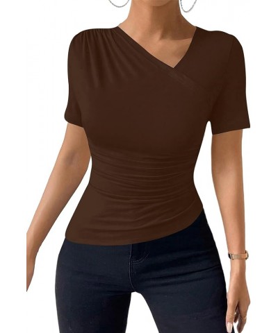 Women's Ruched Shirt Short Sleeve Asymmetric Neck Casual Tee Tops Brown $11.04 T-Shirts