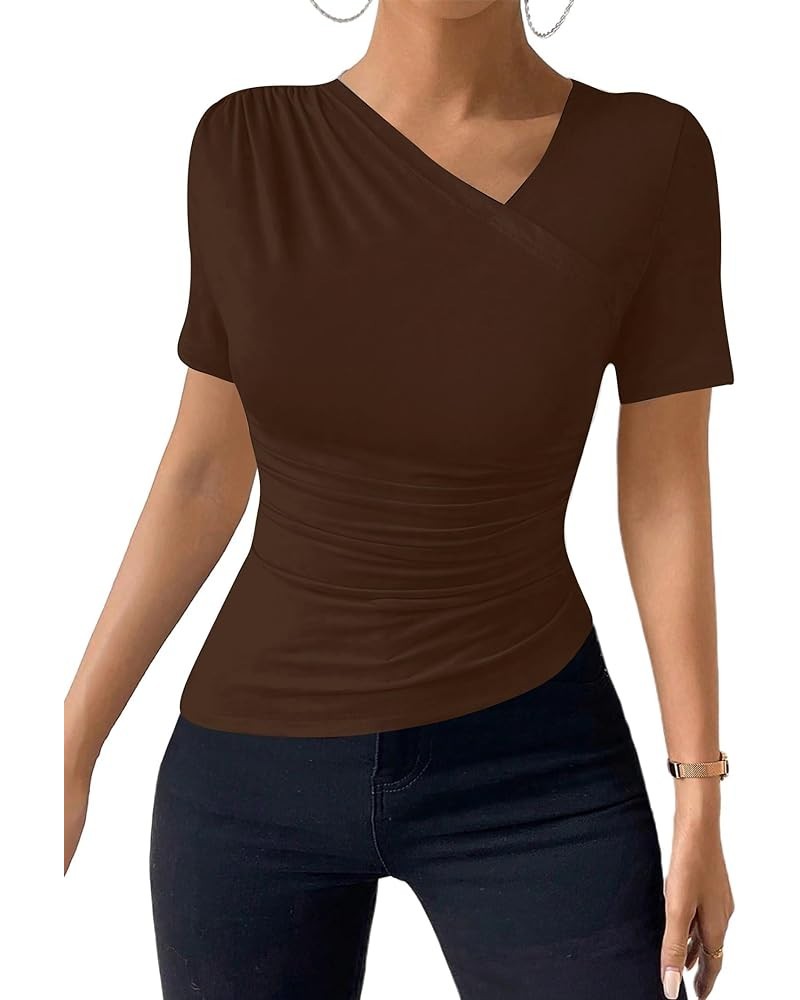 Women's Ruched Shirt Short Sleeve Asymmetric Neck Casual Tee Tops Brown $11.04 T-Shirts