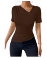 Women's Ruched Shirt Short Sleeve Asymmetric Neck Casual Tee Tops Brown $11.04 T-Shirts