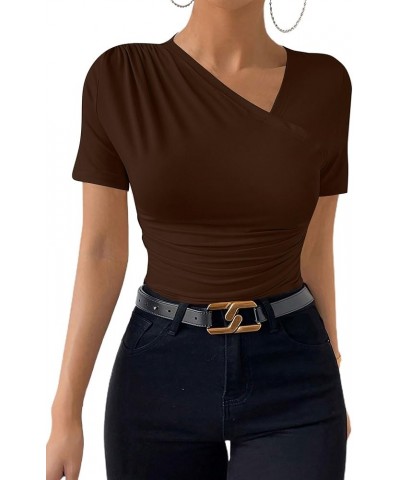 Women's Ruched Shirt Short Sleeve Asymmetric Neck Casual Tee Tops Brown $11.04 T-Shirts