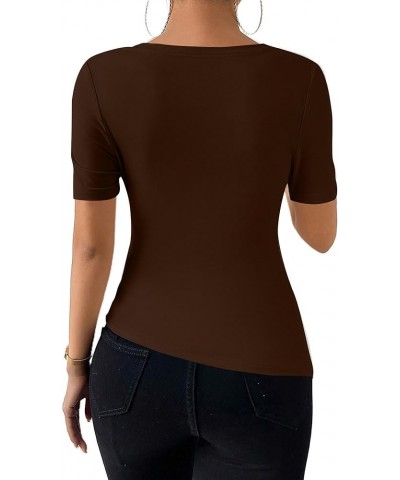 Women's Ruched Shirt Short Sleeve Asymmetric Neck Casual Tee Tops Brown $11.04 T-Shirts