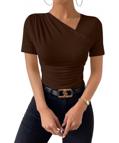 Women's Ruched Shirt Short Sleeve Asymmetric Neck Casual Tee Tops Brown $11.04 T-Shirts